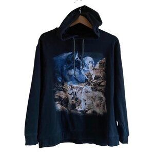 Vintage Black and Blue Wolf Graphic Hoodie
